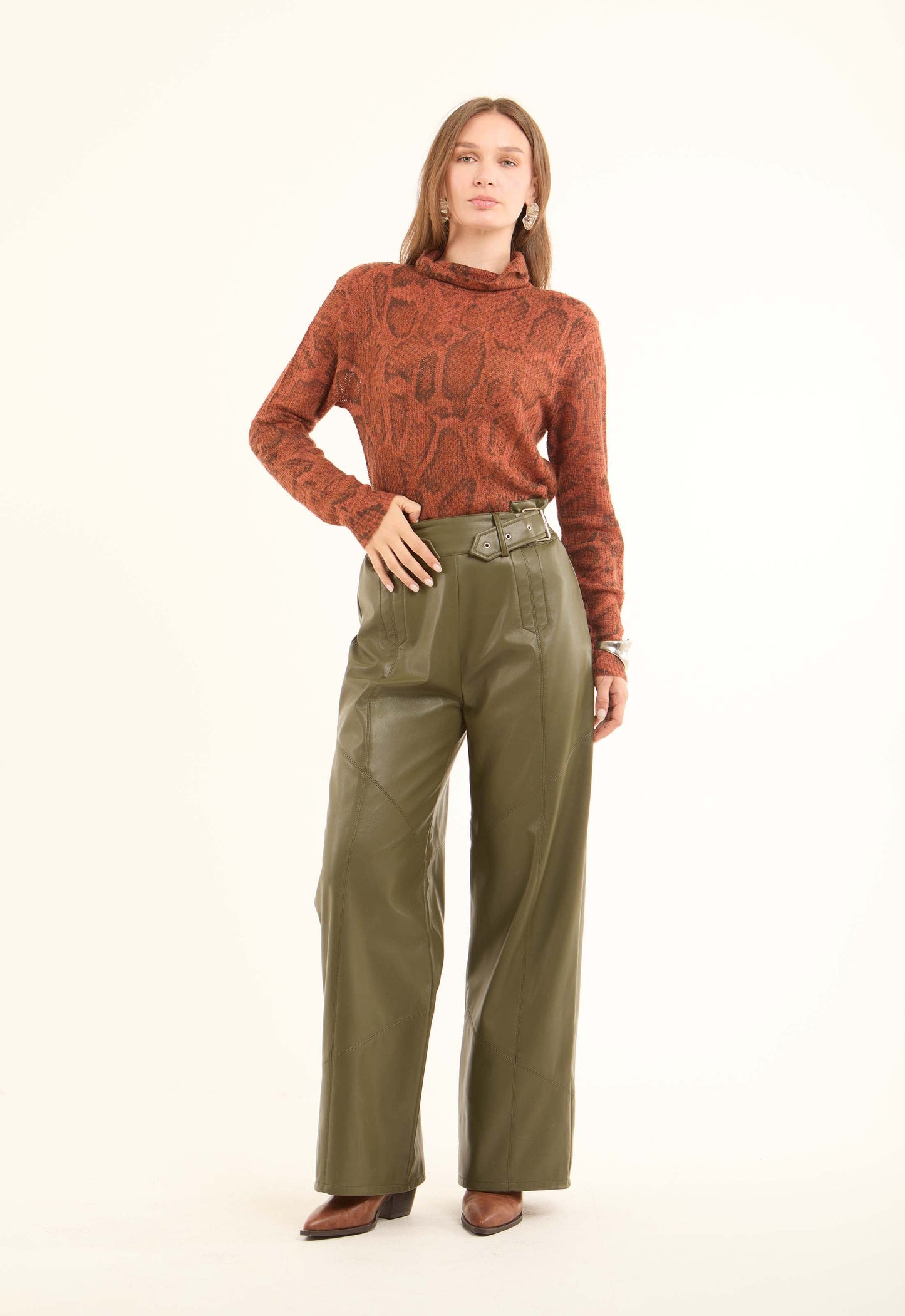 Women Pants Leather Pure Leather Green