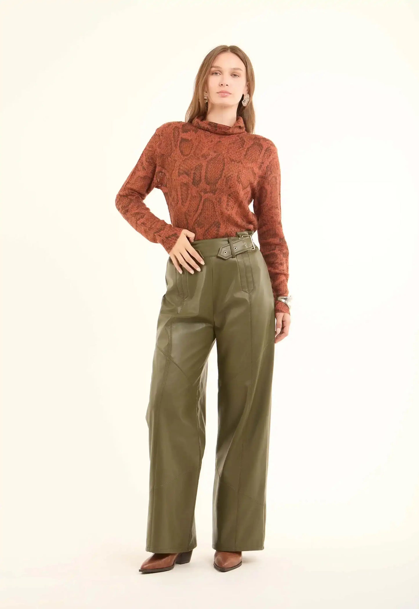 Women Pants Leather Pure Leather Green