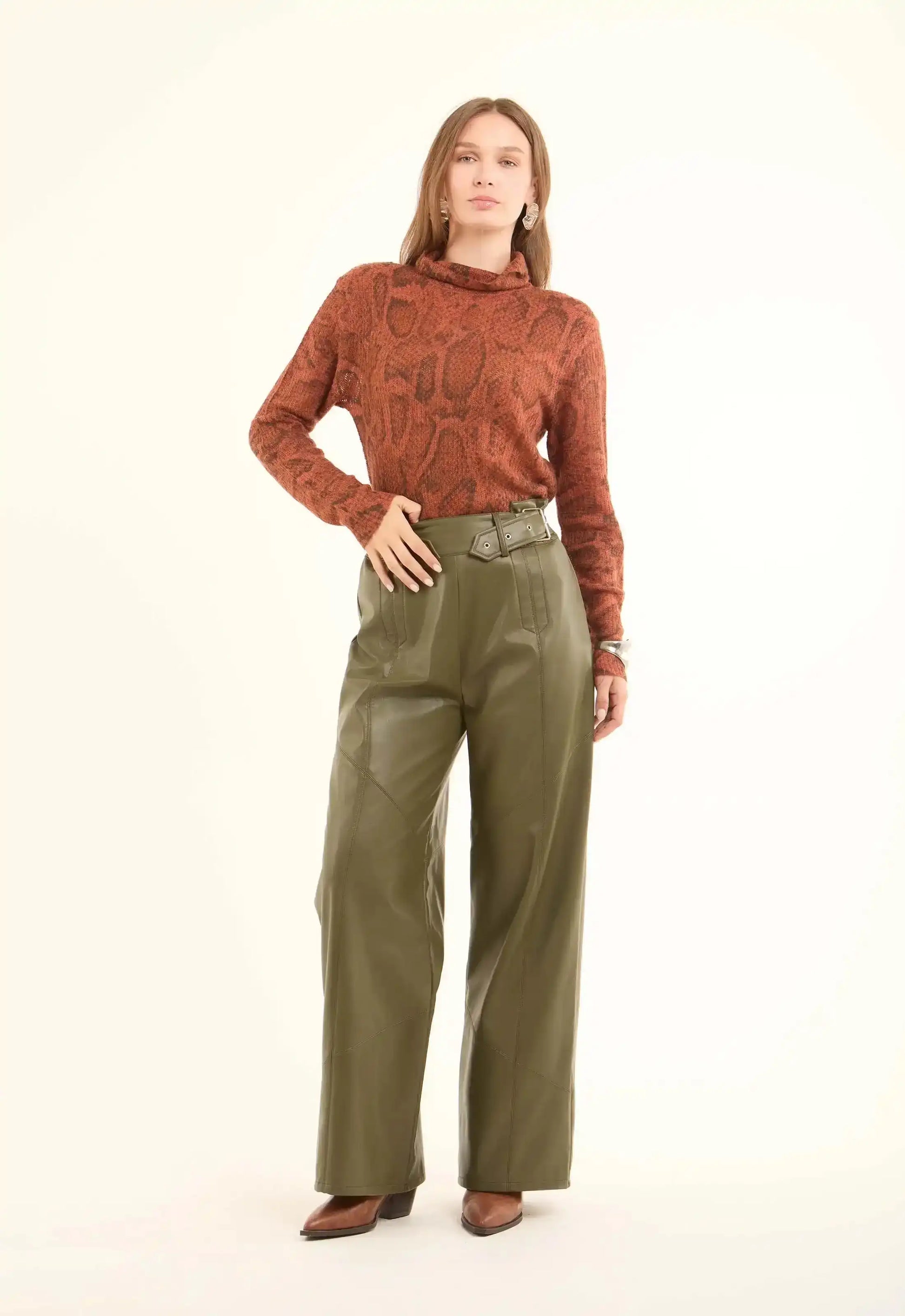 Women Pants Leather Pure Leather Green