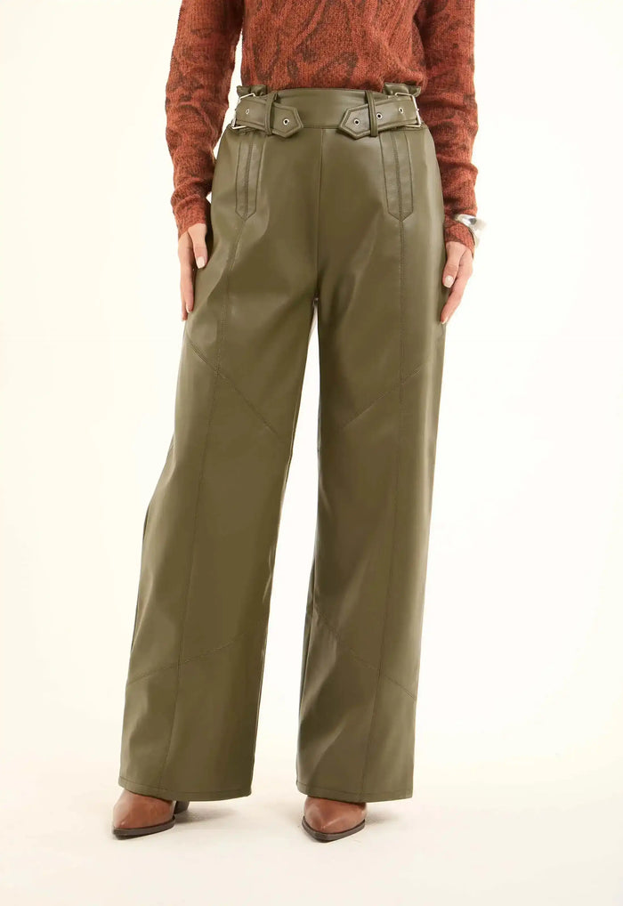 Women Pants Leather Pure Leather Green