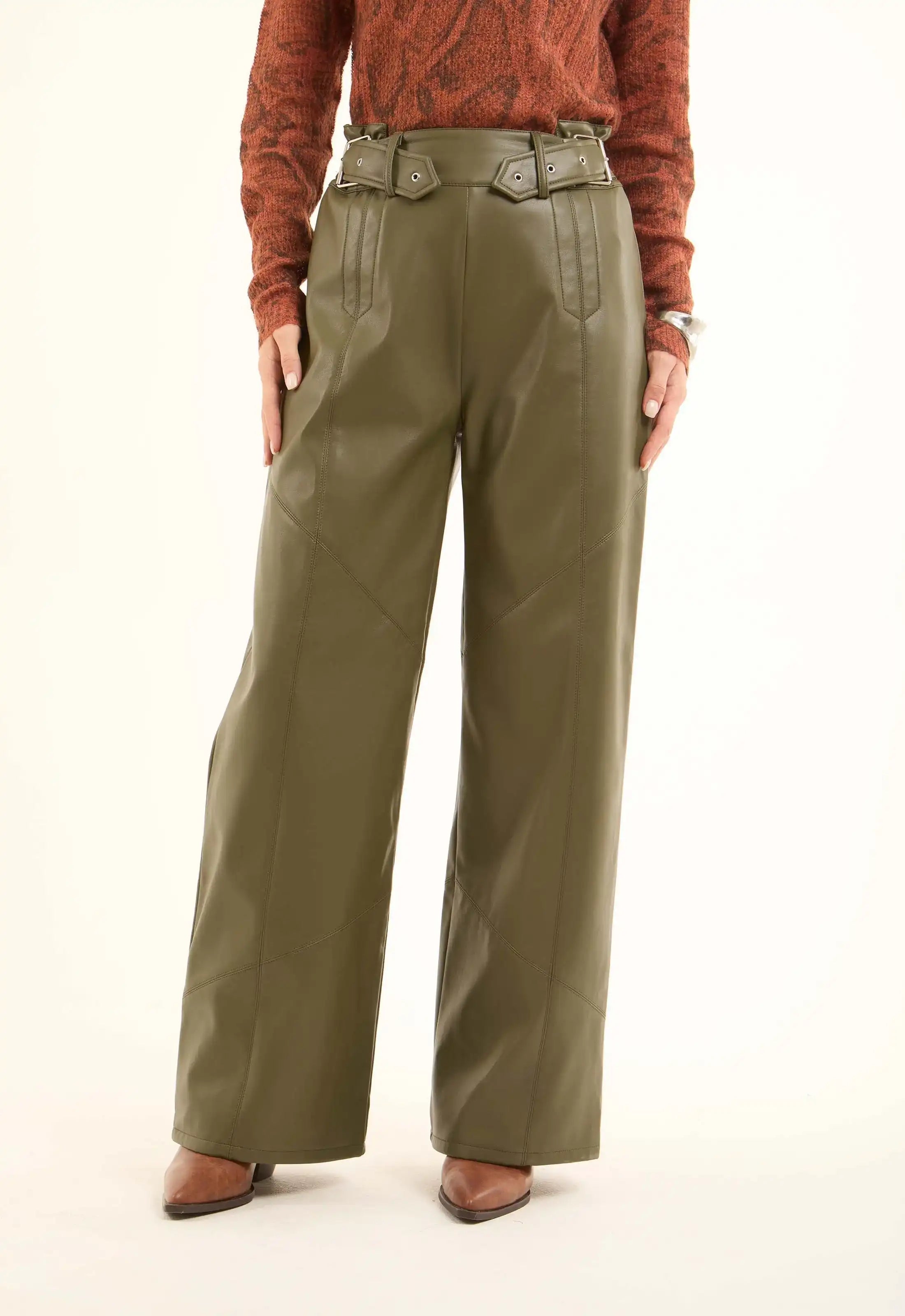 Women Pants Leather Pure Leather Green