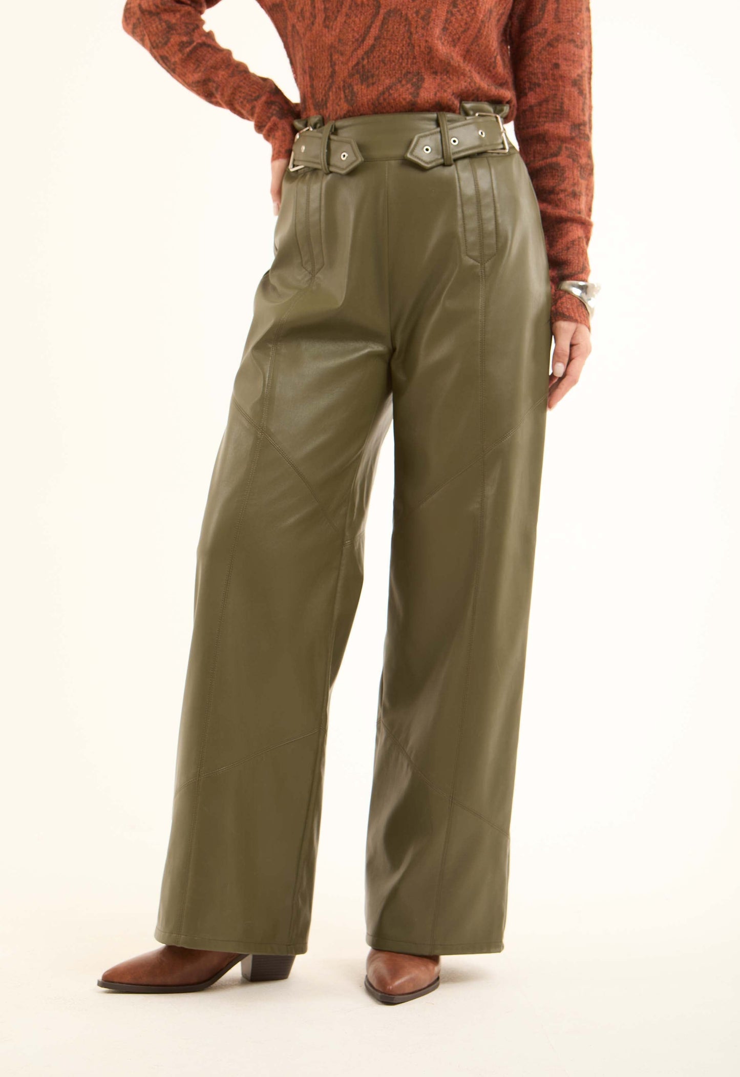Women Pants Leather Pure Leather Green