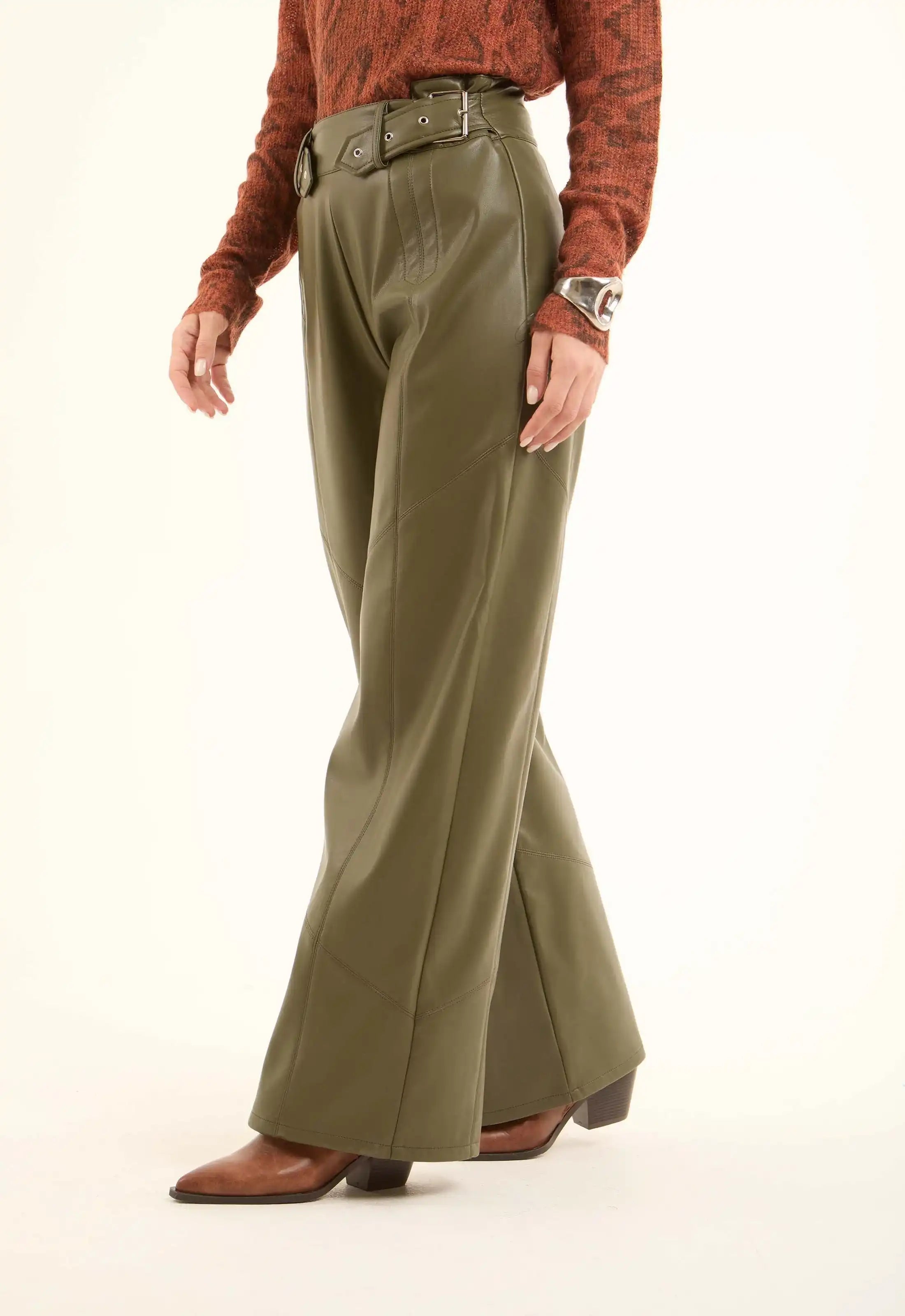 Women Pants Leather Pure Leather Green