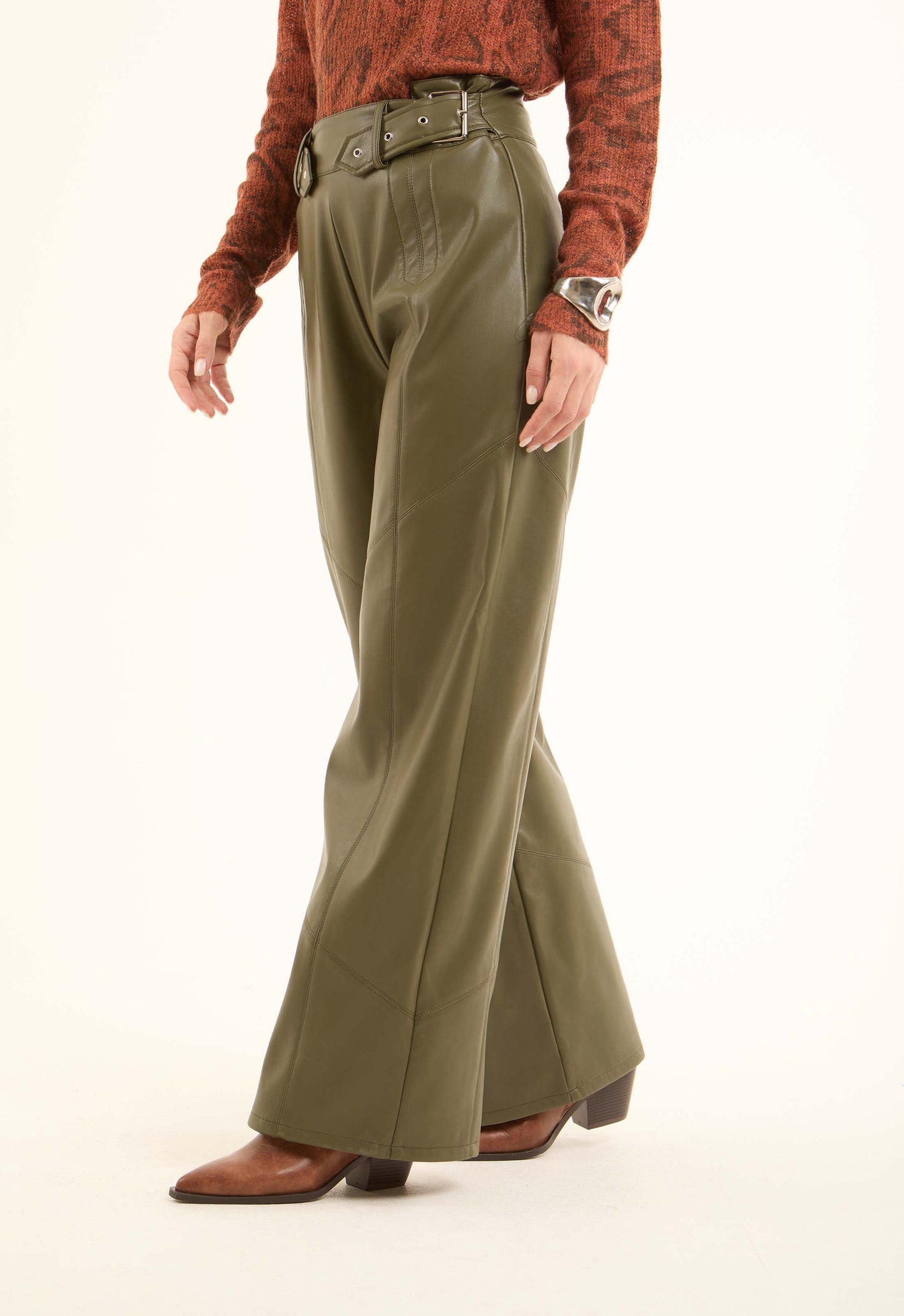 Women Pants Leather Pure Leather Green