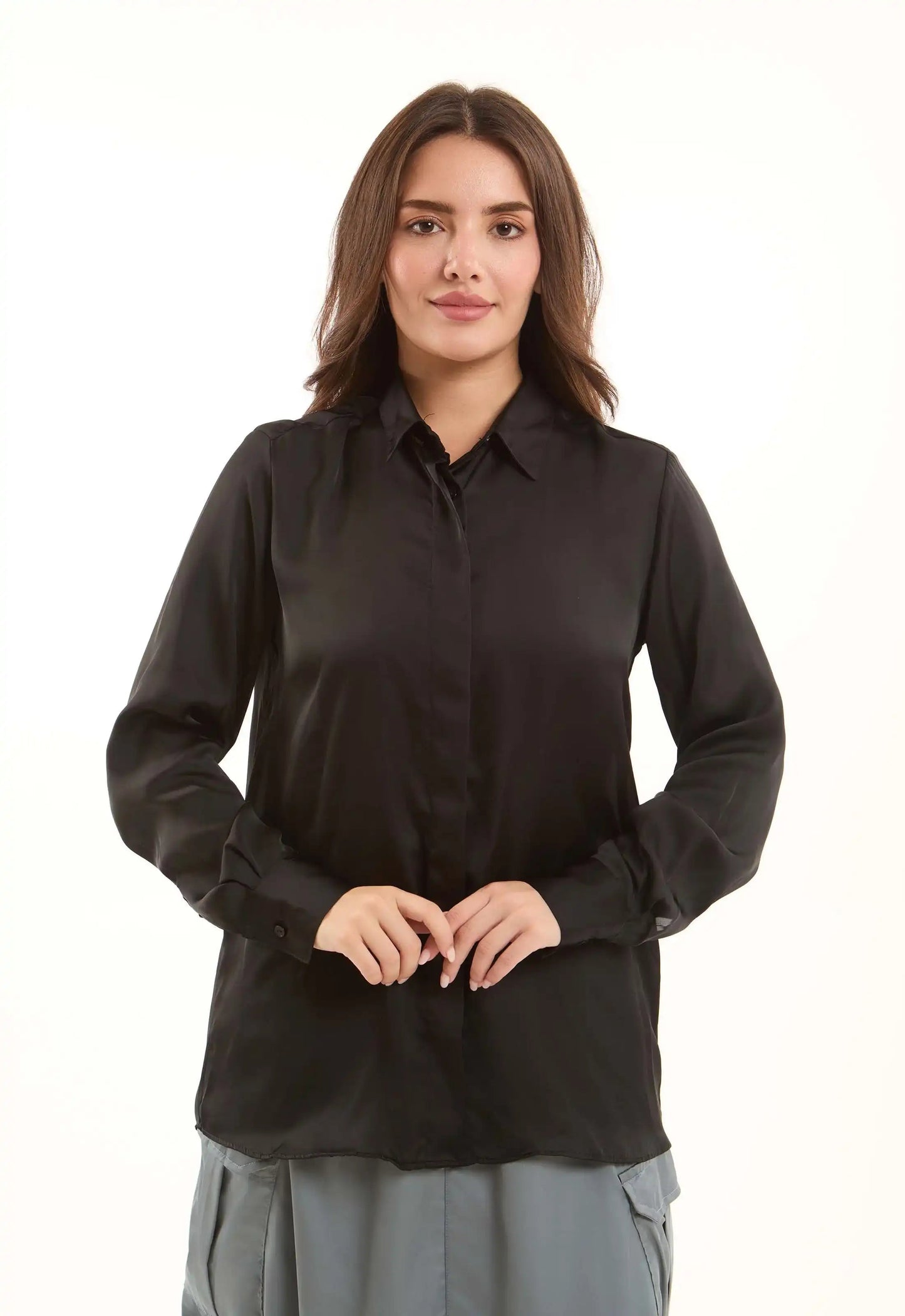 Taupe Satin Button-Down Shirt