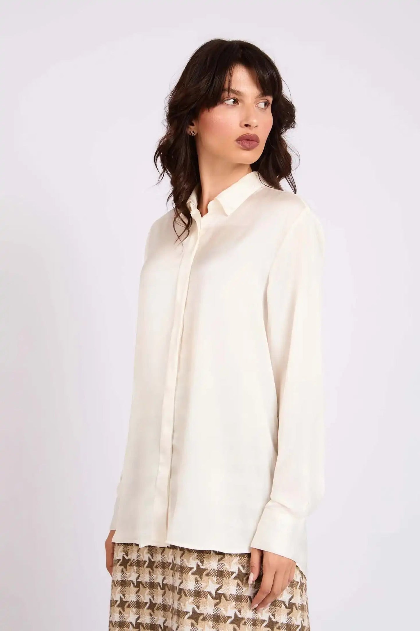 Taupe Satin Button-Down Shirt