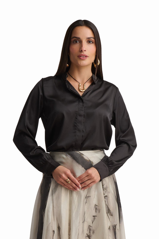 Black Satin Tie-Neck Blouse