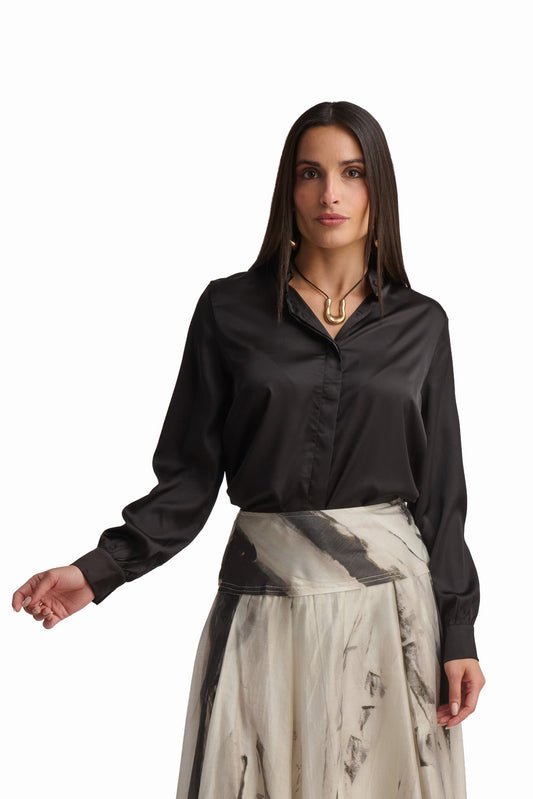 Champagne Bow-Neck Satin Shirt