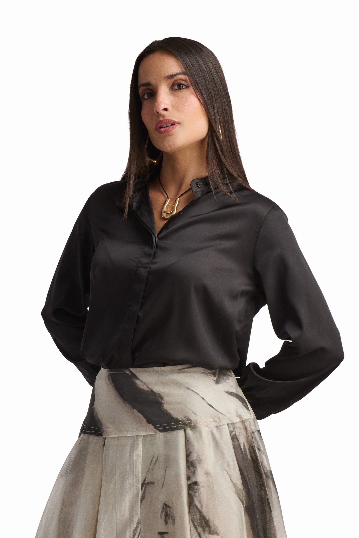 Champagne Bow-Neck Satin Shirt