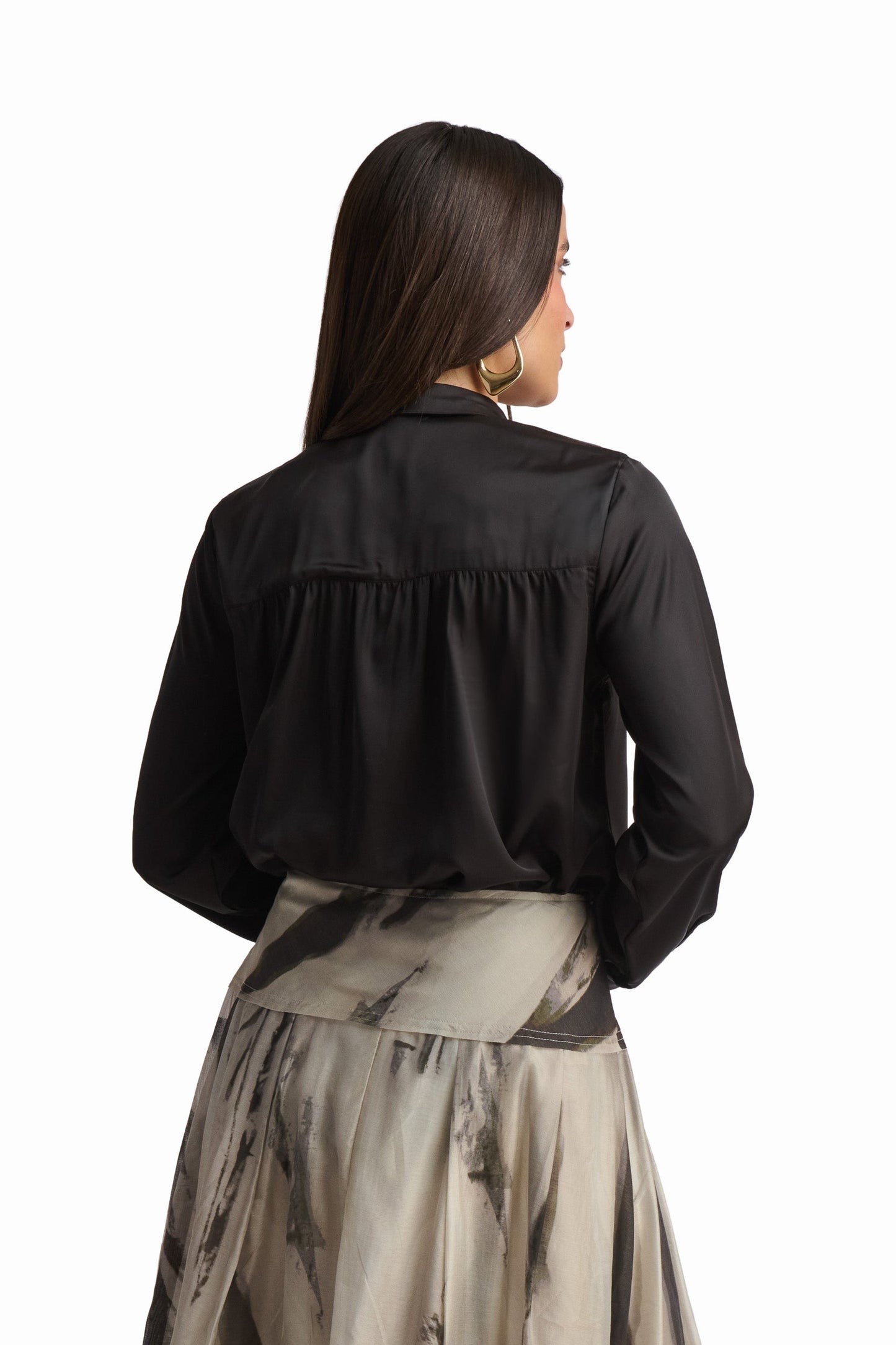 Champagne Bow-Neck Satin Shirt