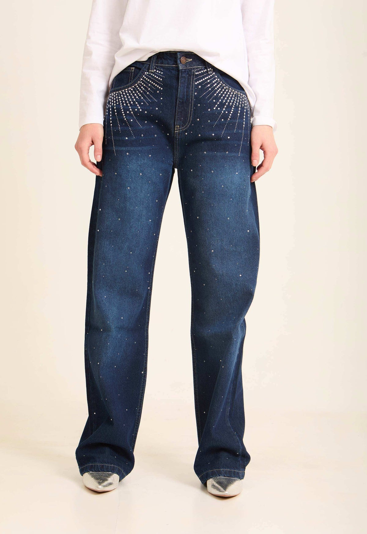 Women Denim Studs Cotton Navy