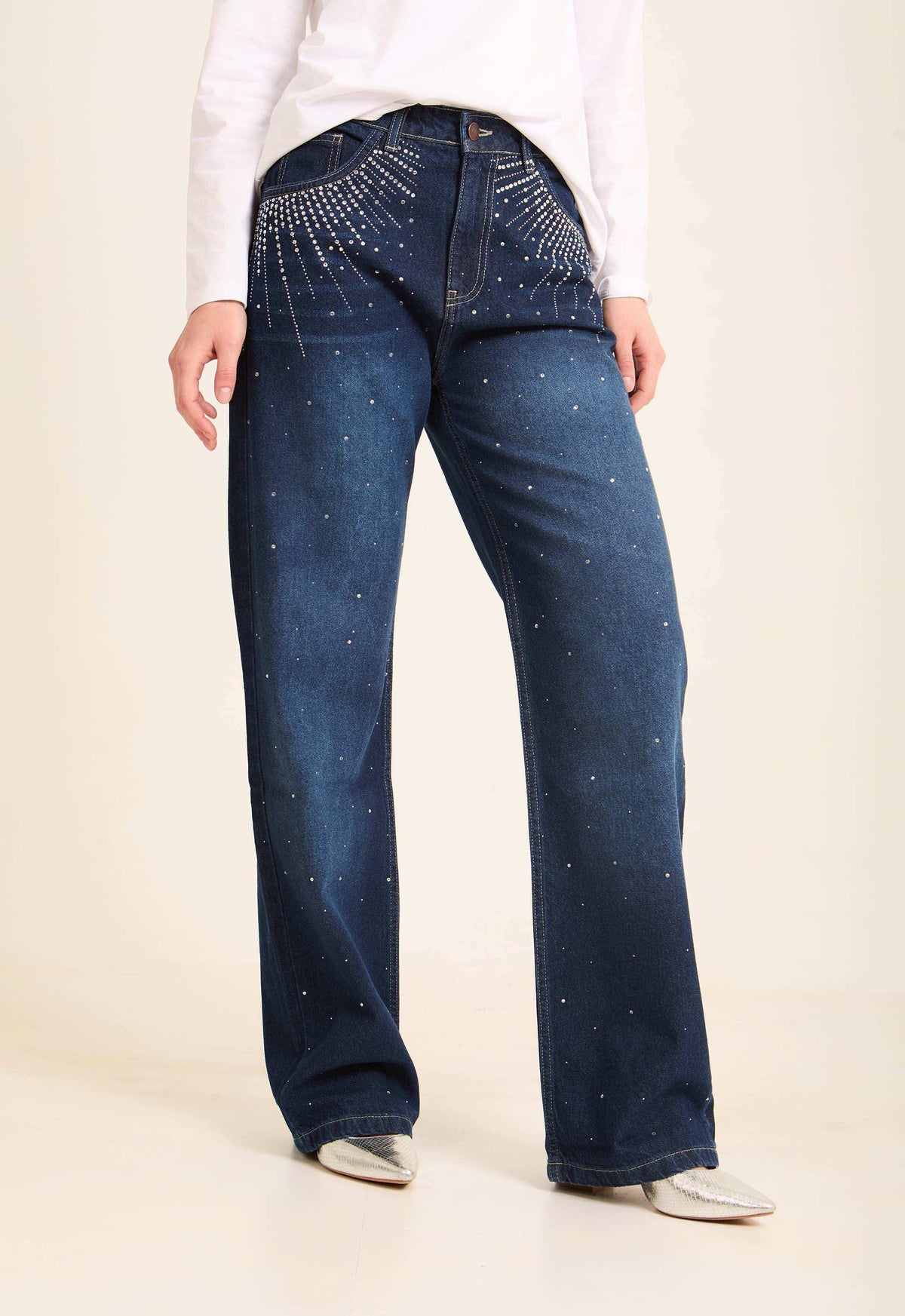 Women Denim Studs Cotton Navy