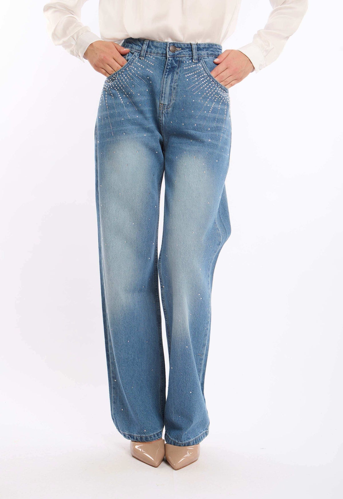 Women Denim Studs Cotton Navy