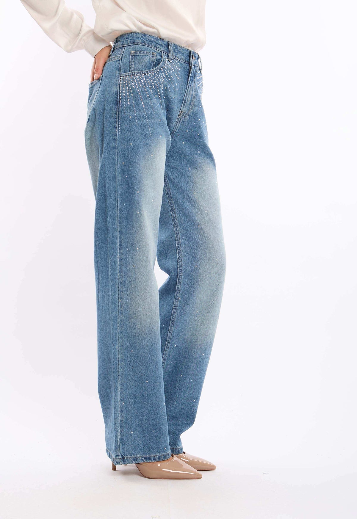 Women Denim Studs Cotton Navy