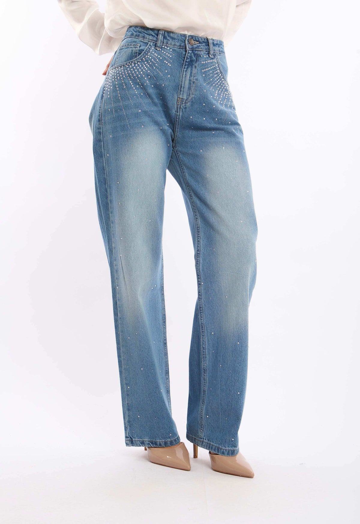 Women Denim Studs Cotton Navy