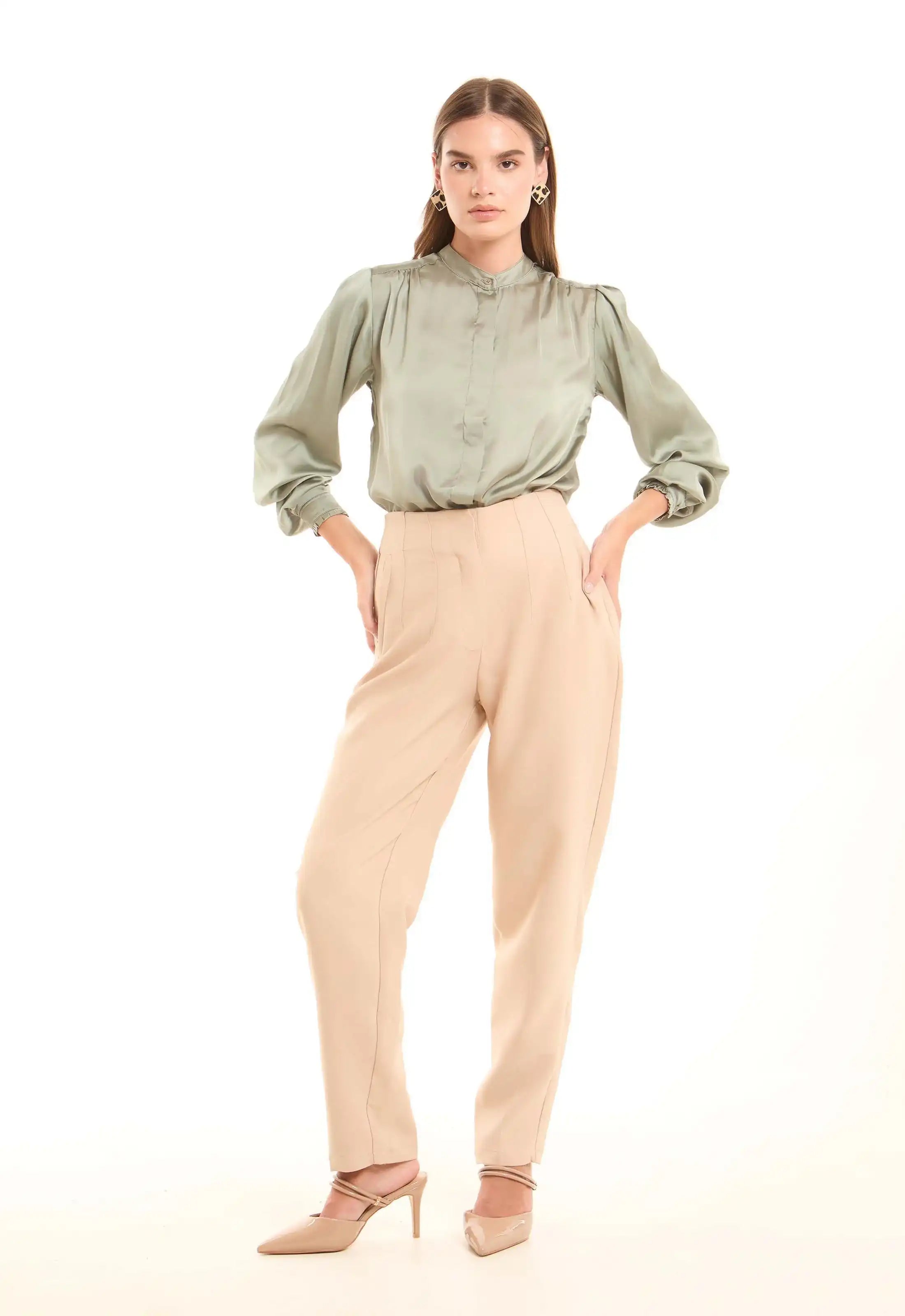 Tailored High-Waist Polyester Pants