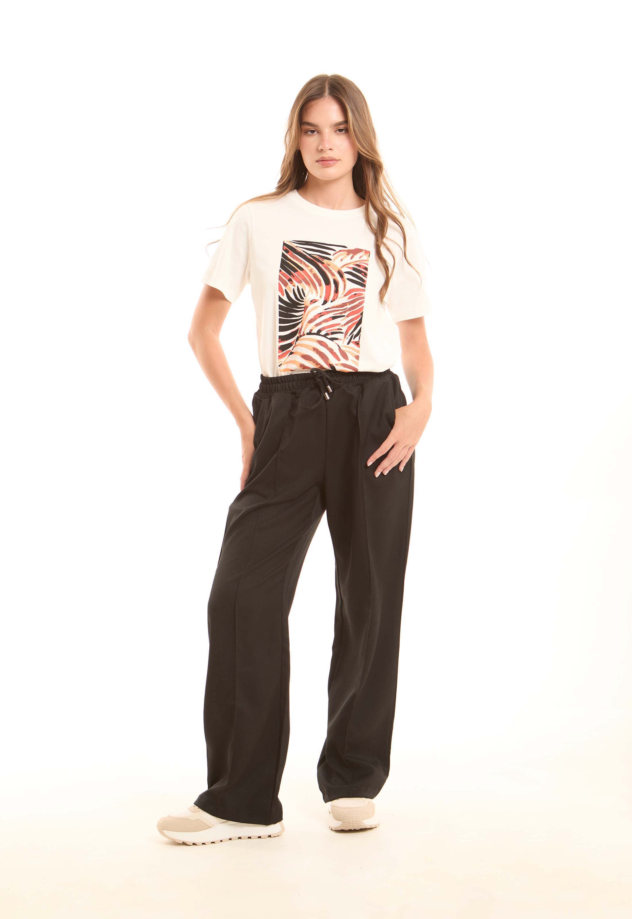 Wide-Leg Polyester Pants with Front Seam