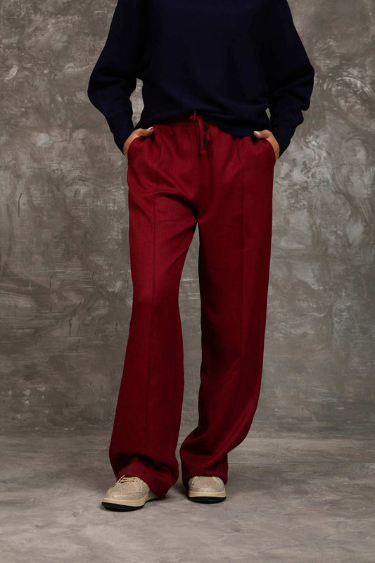 Burgundy Wide-Leg Polyester Pants