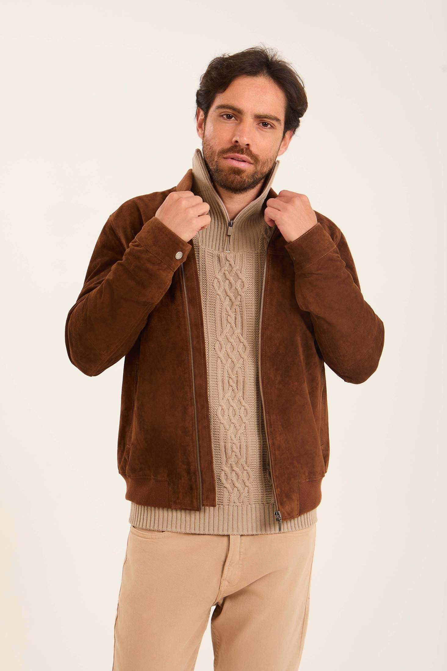 Men Suede Genuine Leather Jacket Brown