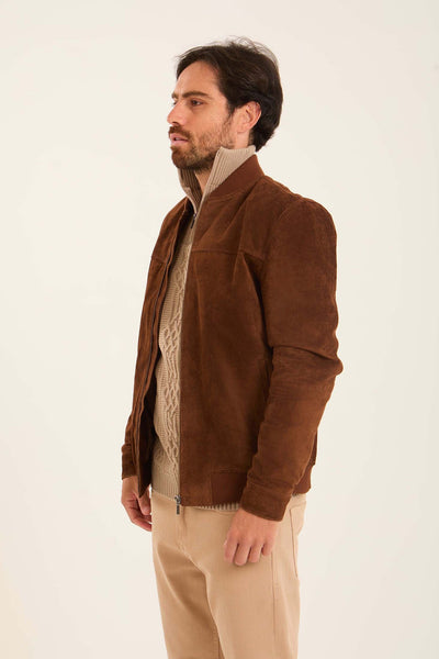 Men Suede Genuine Leather Jacket - Brown