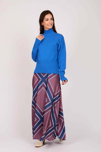 Women Loos High Neck Pullover - Cotton - Blue