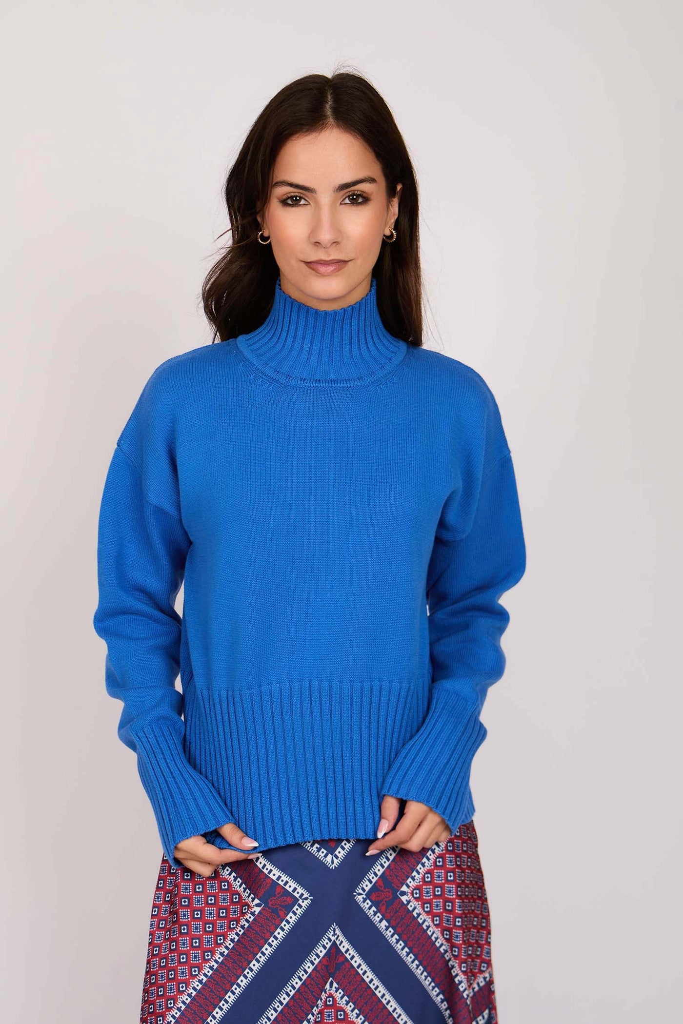 Women Loos High Neck Pullover - Cotton - Blue