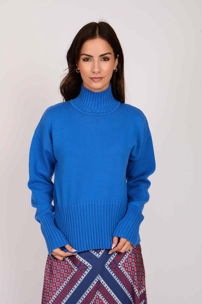 Women Loos High Neck Pullover - Cotton - Blue