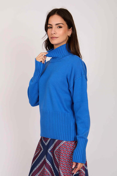 Women Loos High Neck Pullover - Cotton - Blue