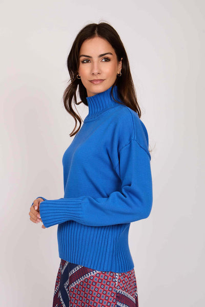 Women Loos High Neck Pullover - Cotton - Blue