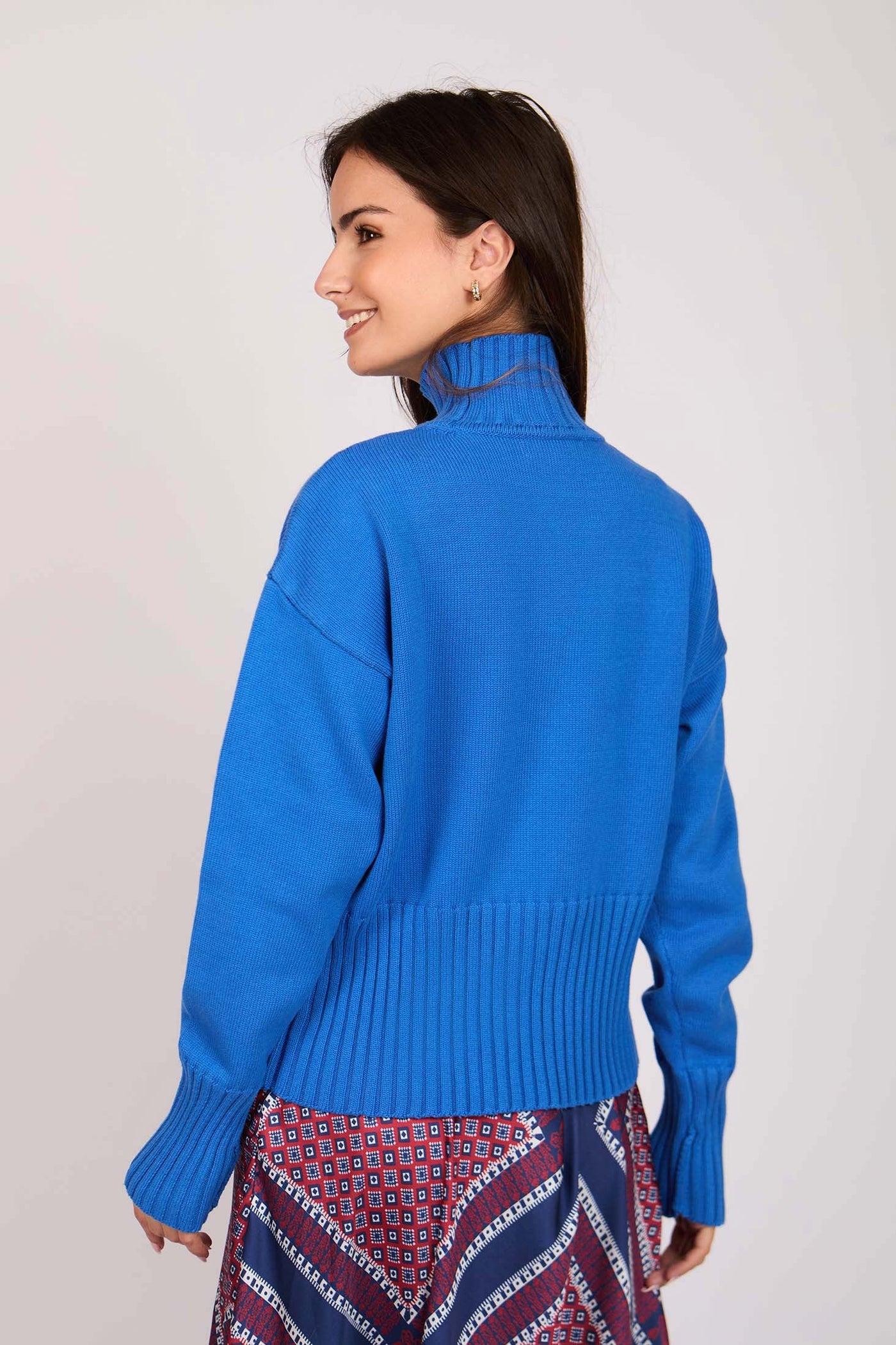 Women Loos High Neck Pullover - Cotton - Blue