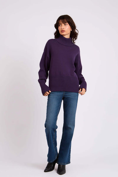 Women loose High Neck Pullover - Cotton - Purple