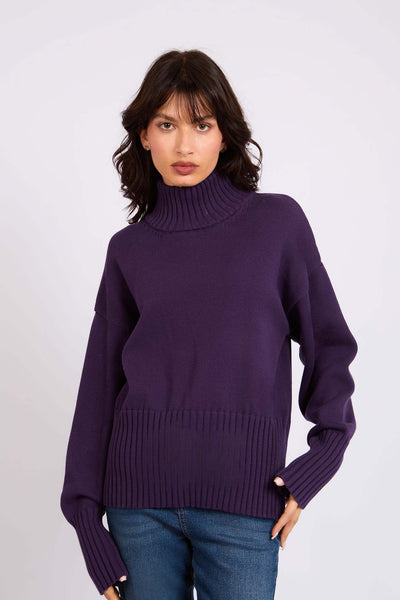 Women loose High Neck Pullover - Cotton - Purple