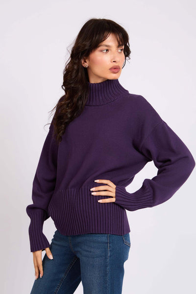 Women loose High Neck Pullover - Cotton - Purple