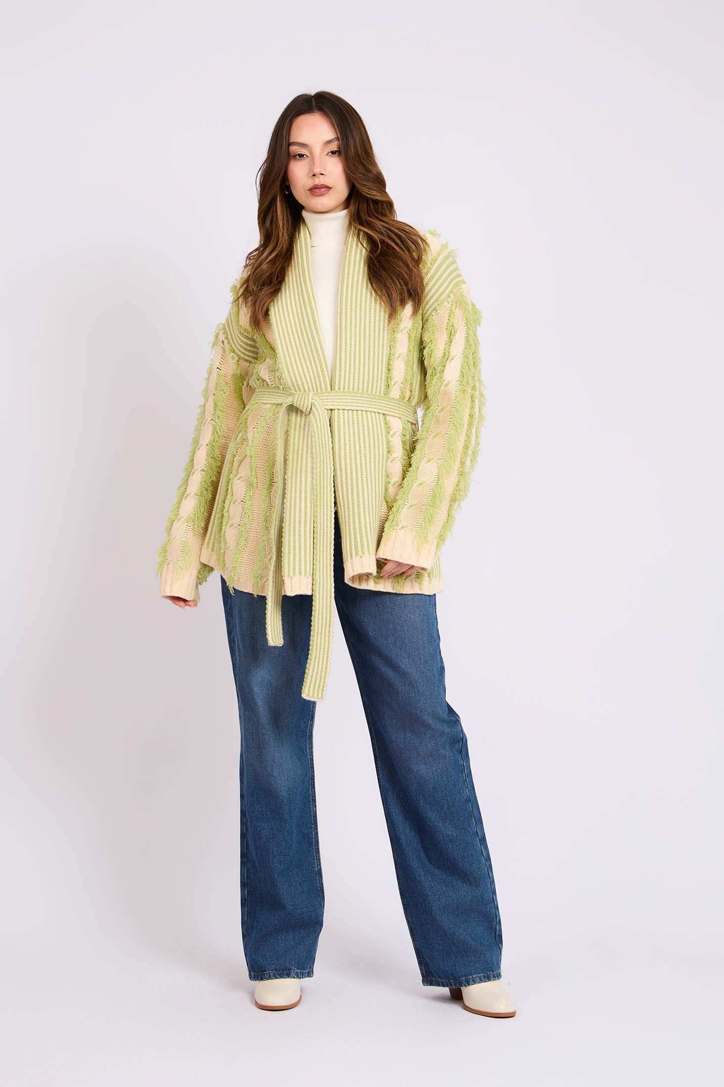 Women regular fit green and white cardigan