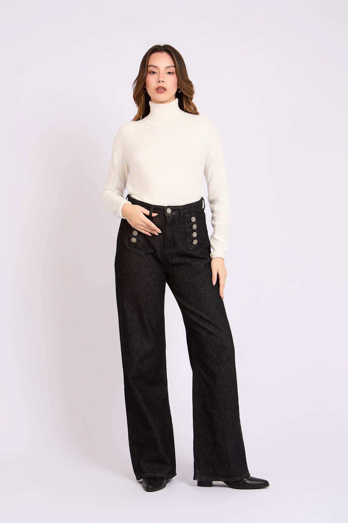 Women Loose Flare Denim with Waist Cotton Black