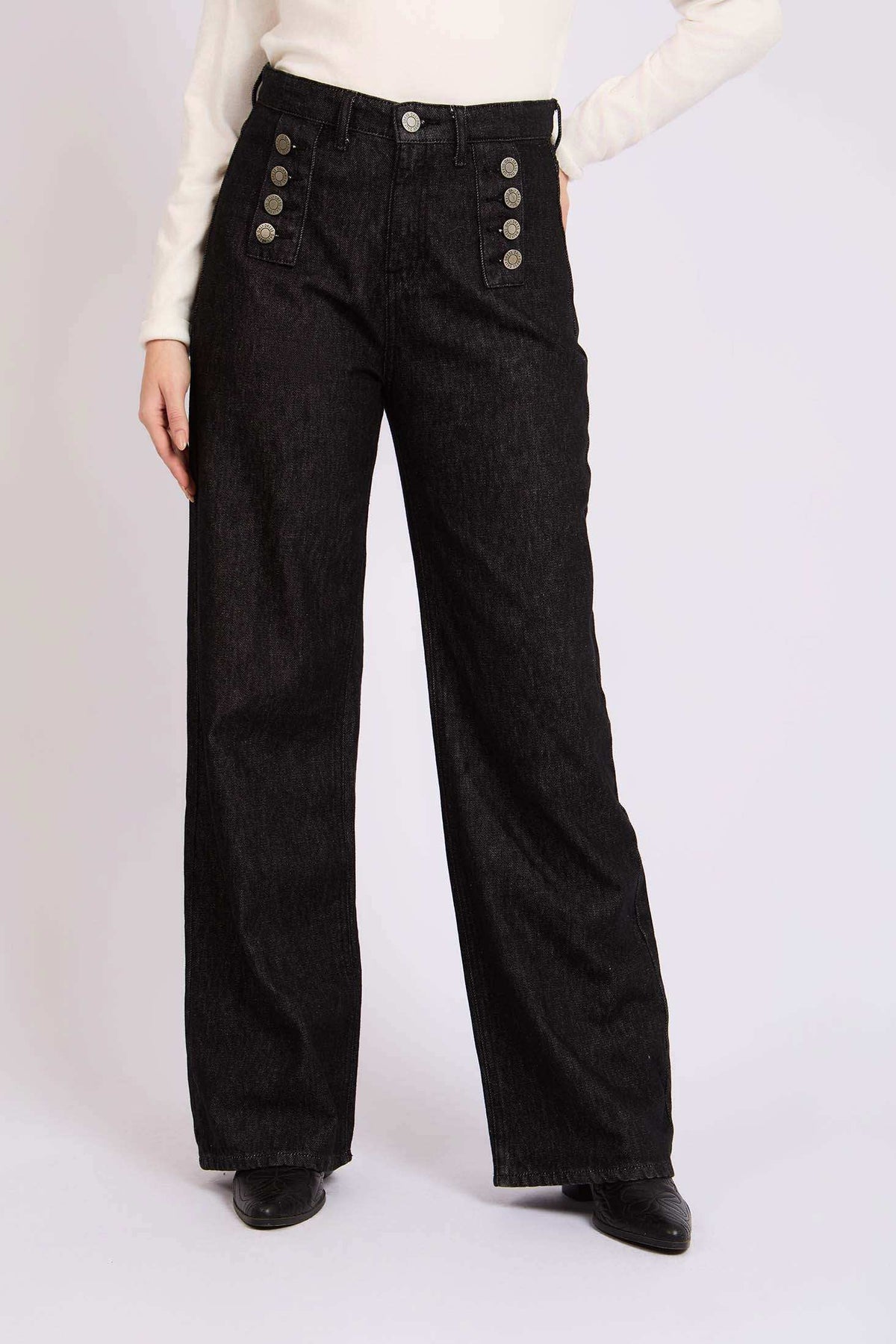 Women Loose Flare Denim with Waist Cotton Black