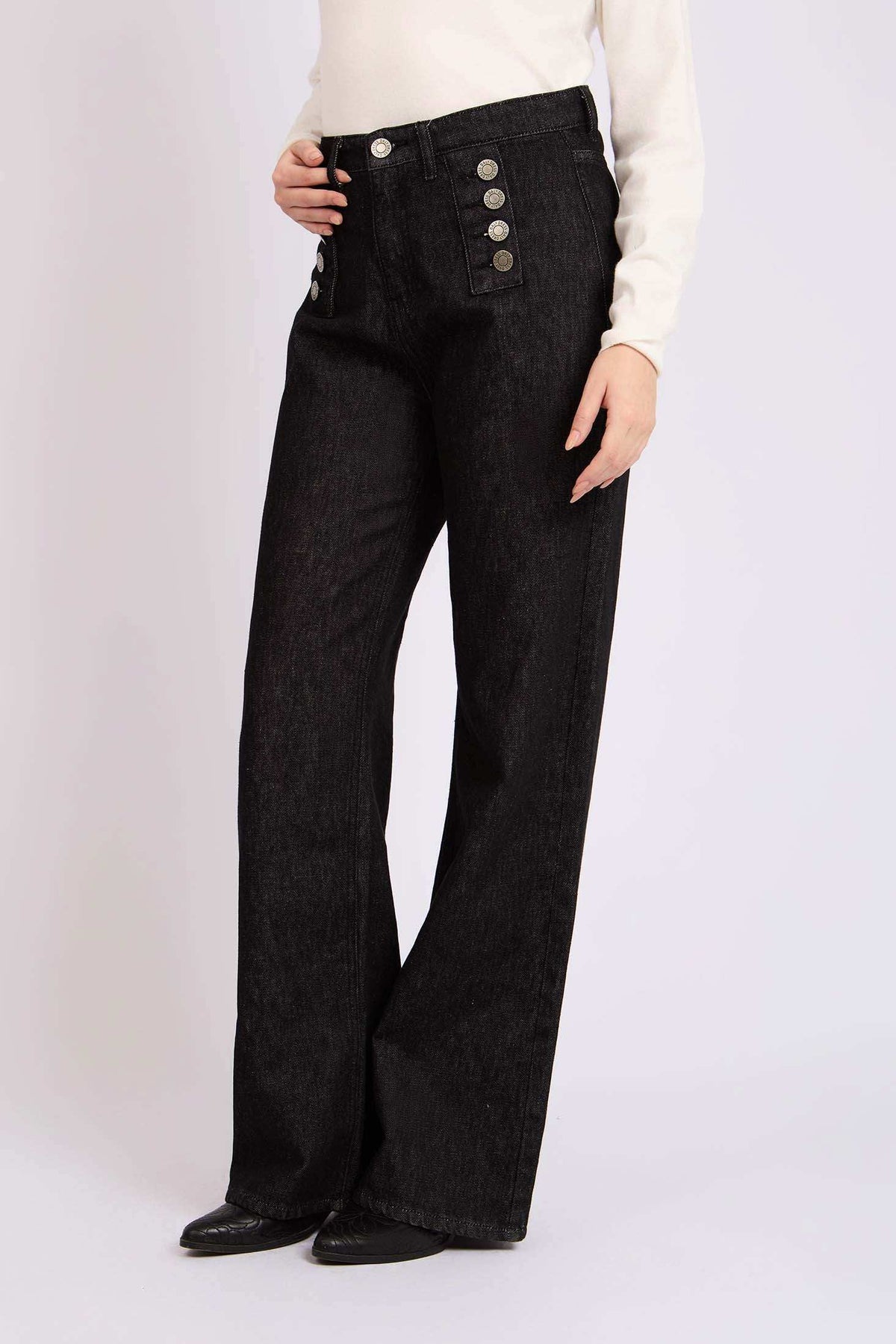 Women Loose Flare Denim with Waist Cotton Black