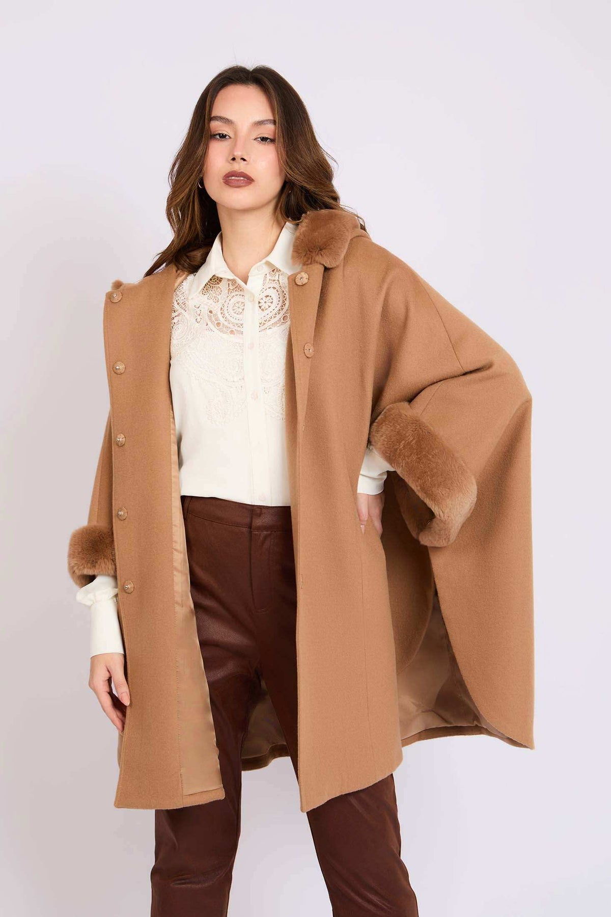 Women Cape Wool Camel