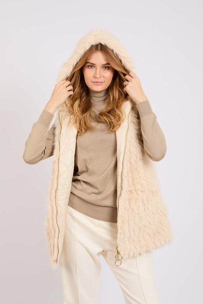 Women Double Faced Vest with Hood - Beige