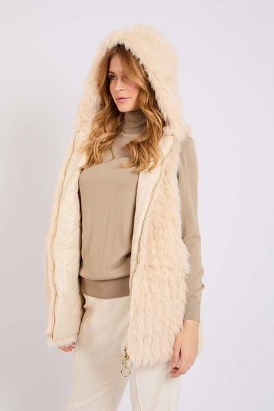 Women Double Faced Vest with Hood - Beige