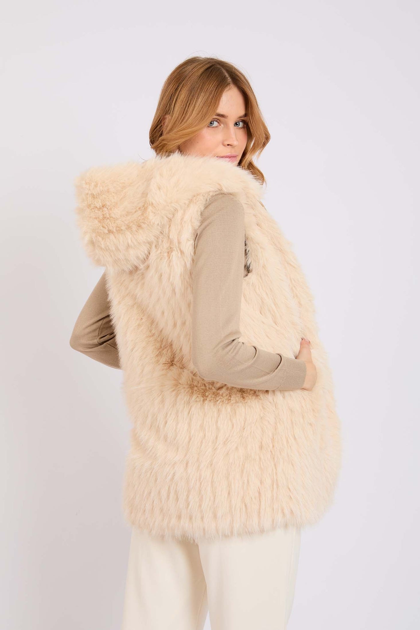 Women Double Faced Vest with Hood - Beige