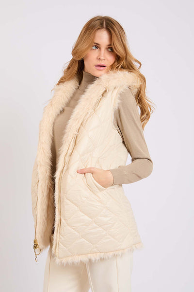 Women Double Faced Vest with Hood - Beige