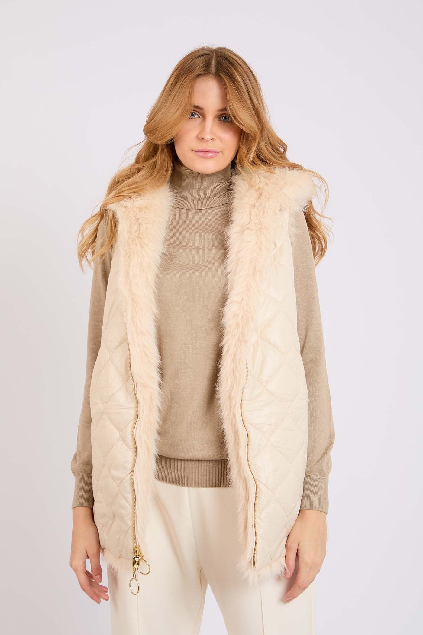 Women Double Faced Vest with Hood - Beige