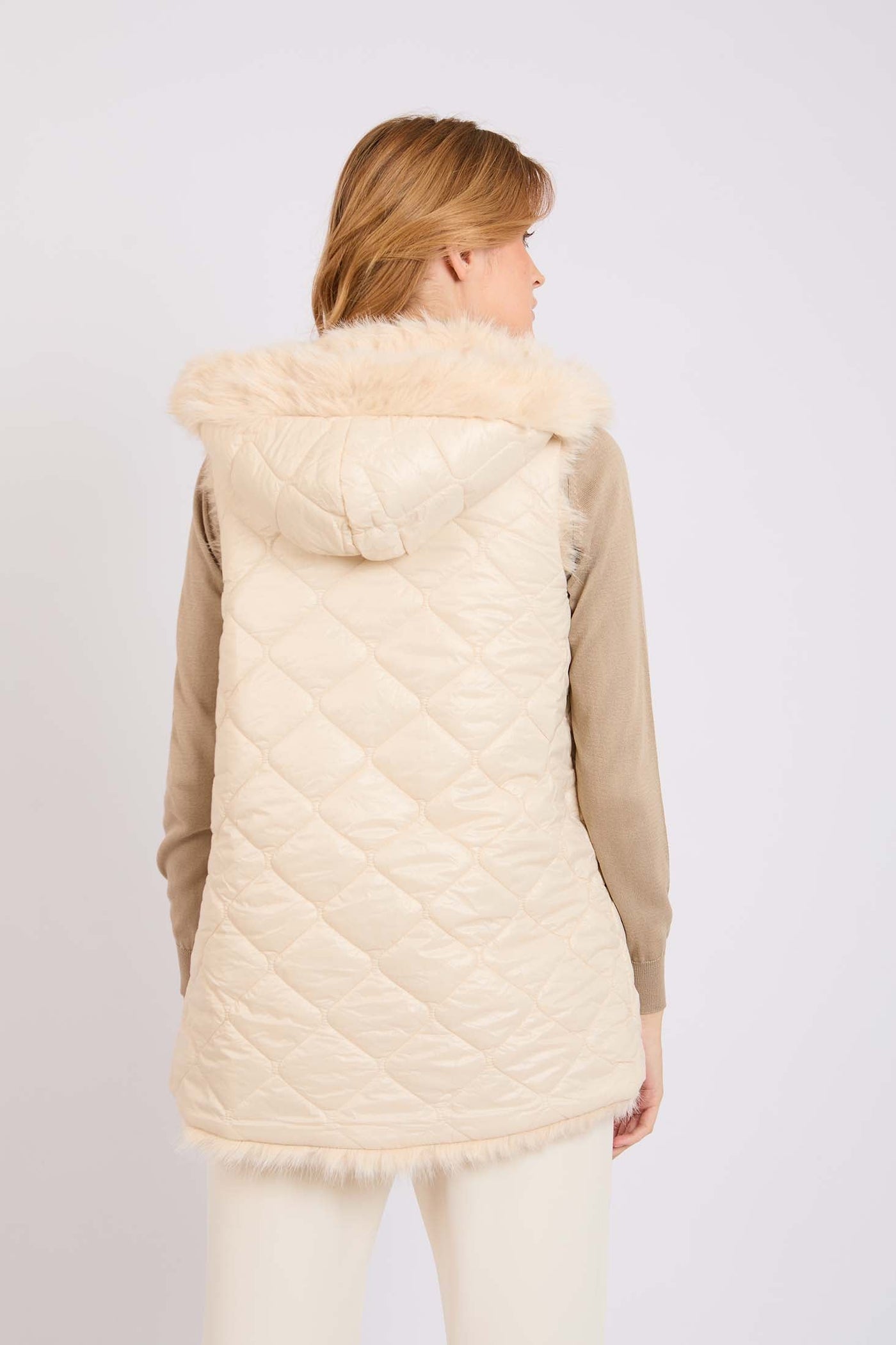 Women Double Faced Vest with Hood - Beige