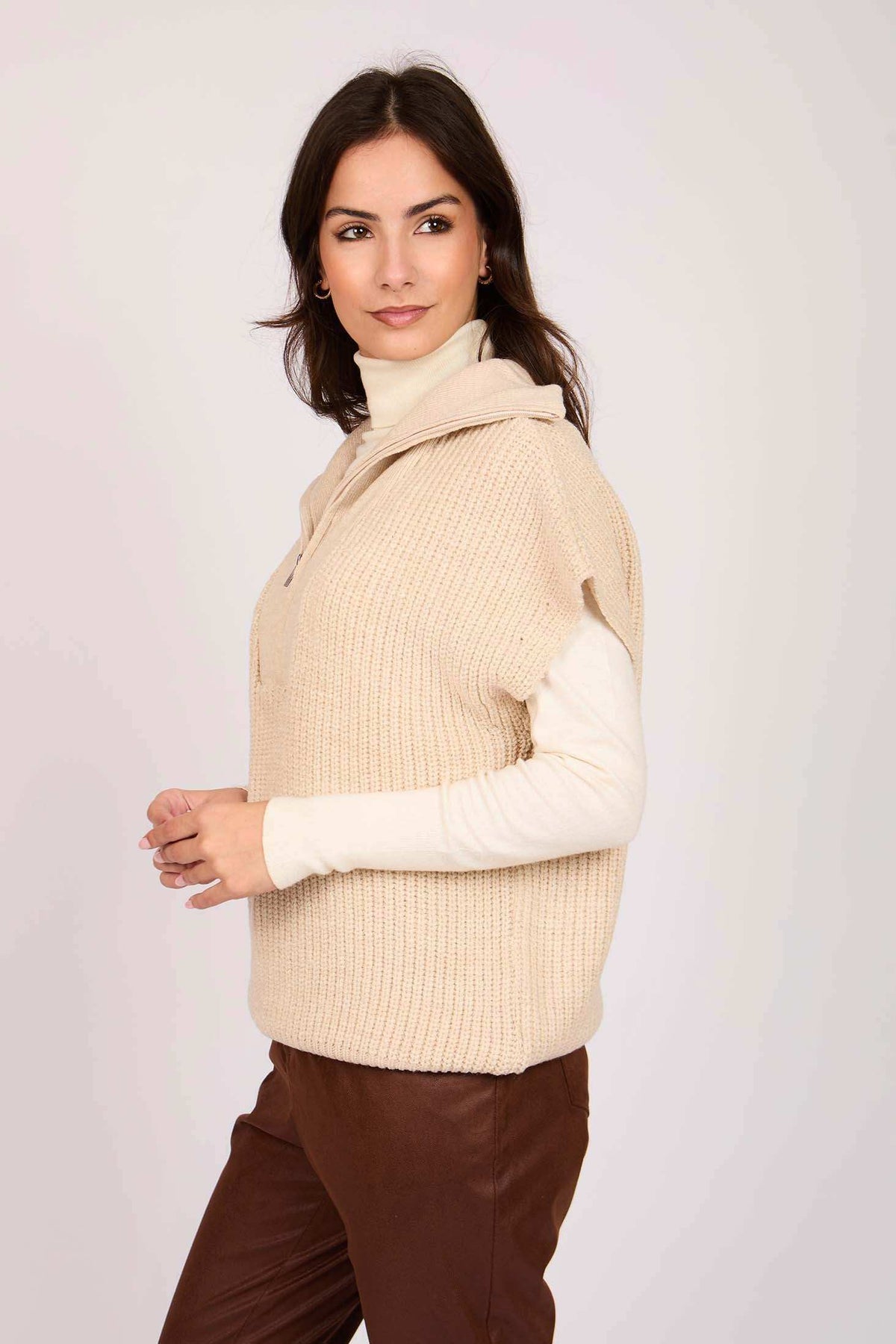 Women Regular Fit Vest Brown