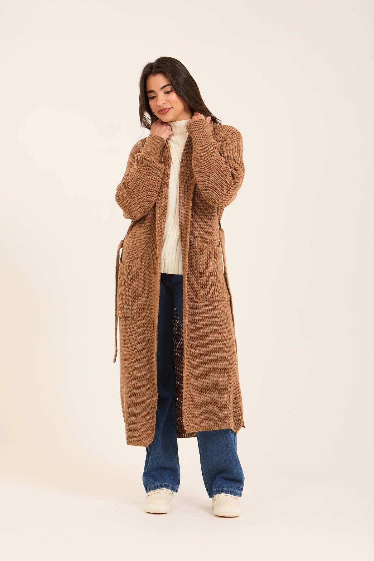 Women Long Cardigan with Belt Brown
