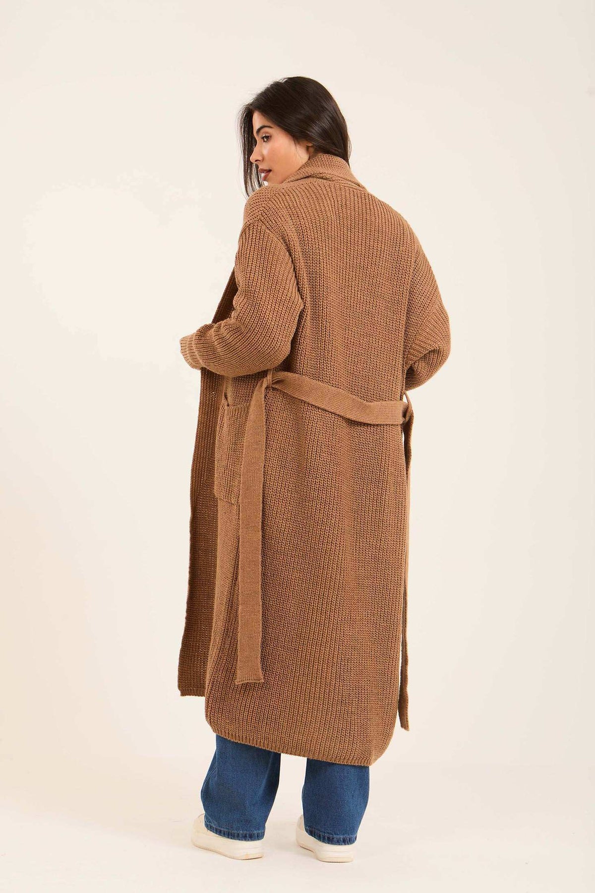 Women Long Cardigan with Belt Brown