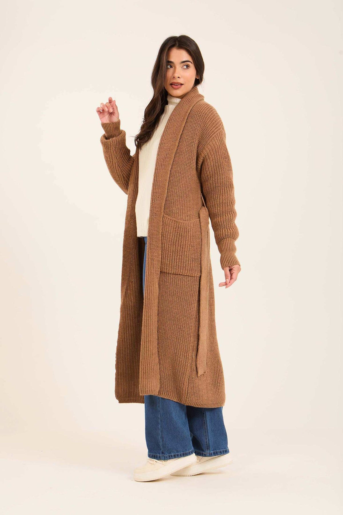 Women Long Cardigan with Belt Brown