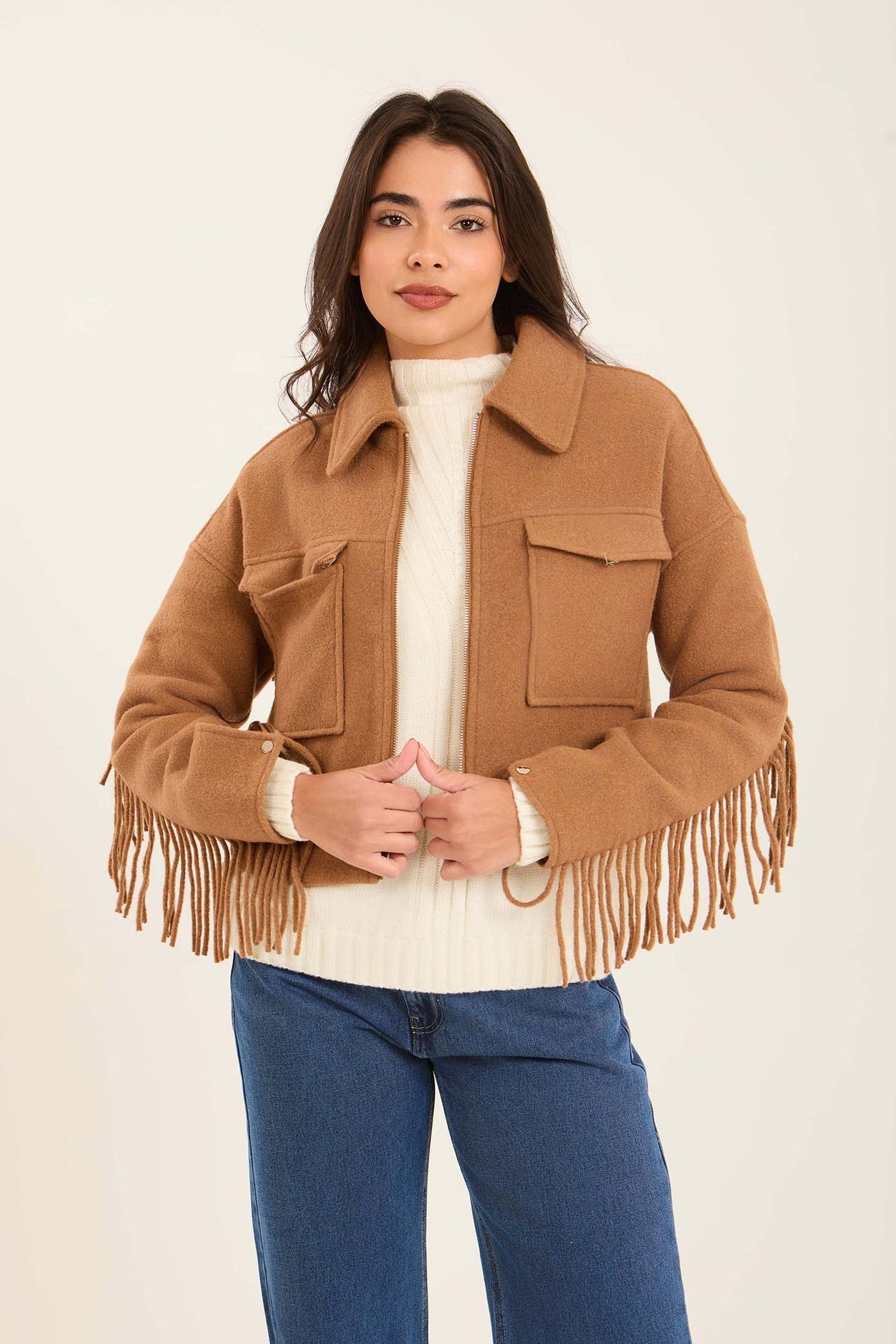 Women Short Jacket with Fringes - Brown