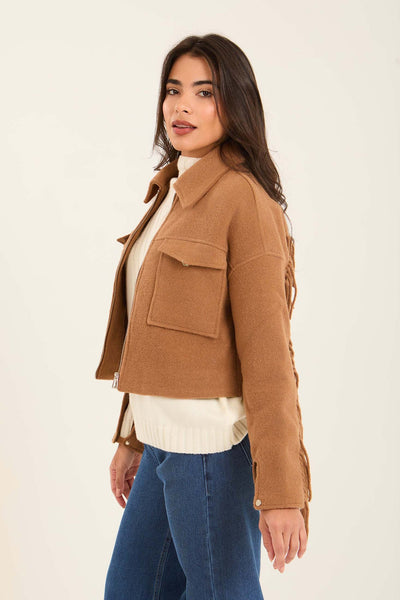 Women Short Jacket with Fringes - Brown